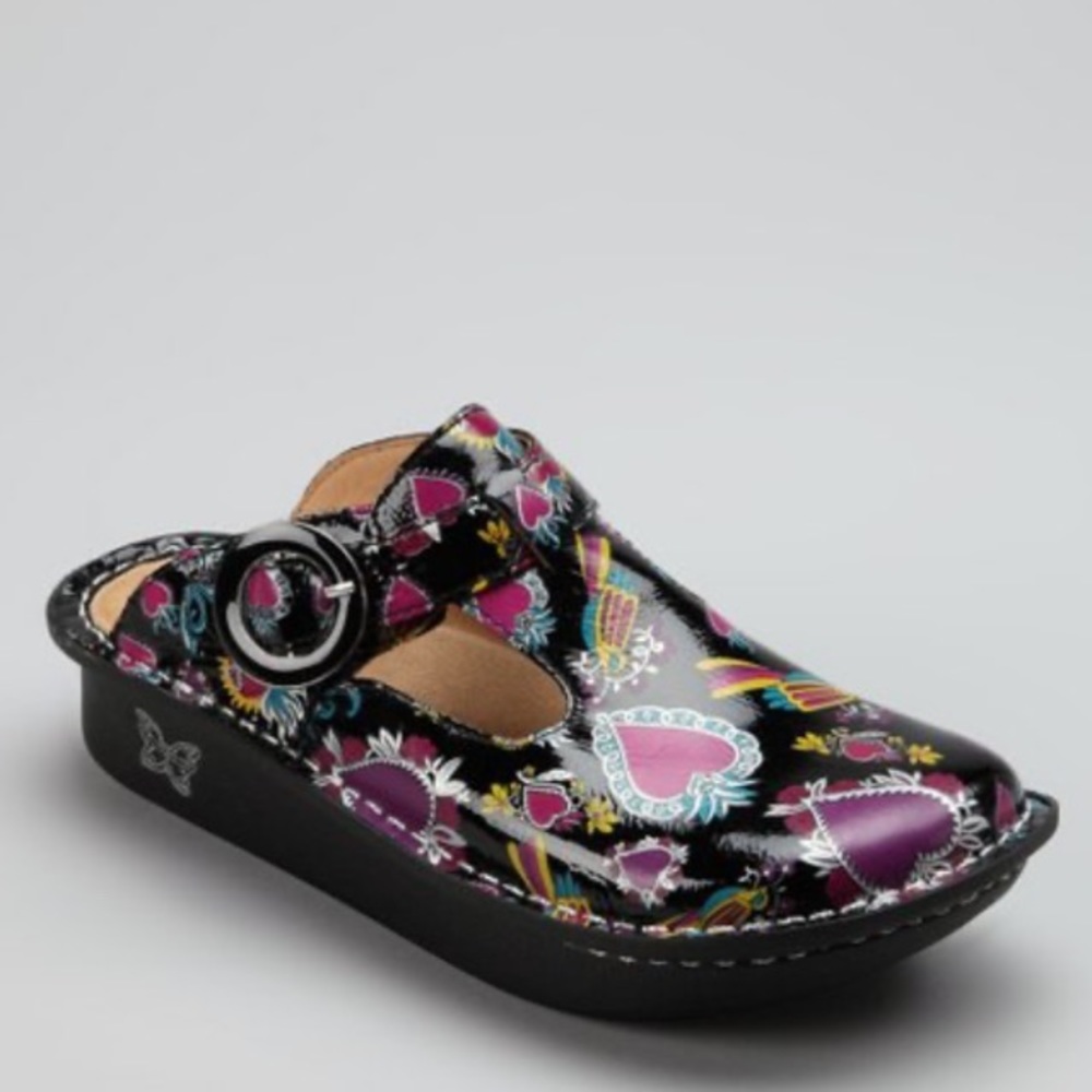 Alegria Black Patent Mules with Pink Heart Print